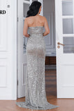 Silver Sparkly Strapless High Slit Evening Prom Dress