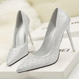 Silver Rhinestone Pointed Toe Stiletto Heels Shoes - Mislish
