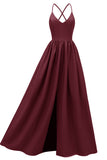 Simple Burgundy A-Line Backless Prom Gown Evening Dress