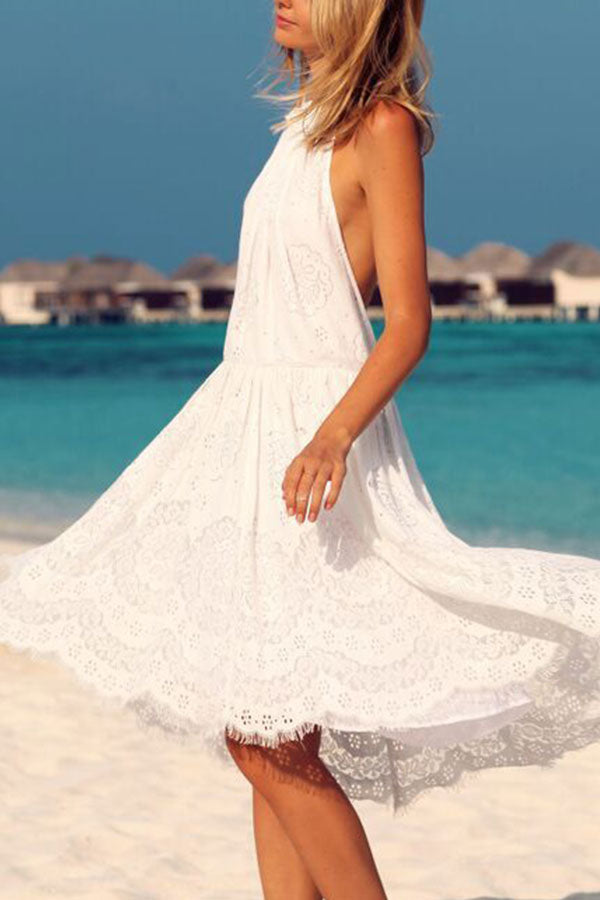 White Halter Backless Lace Dress