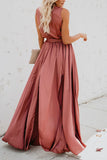 Plain Sleeveless Lace-up Slit Maxi Dress - Mislish