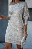 Sloping Shoulder Long Sleeve Sequin Party Dress 