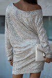 Sloping Shoulder Long Sleeve Sequin Party Dress 