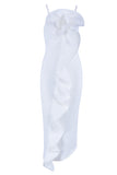 Solid Asymmetric Ruffle Trim Slip Prom Dress - Mislish