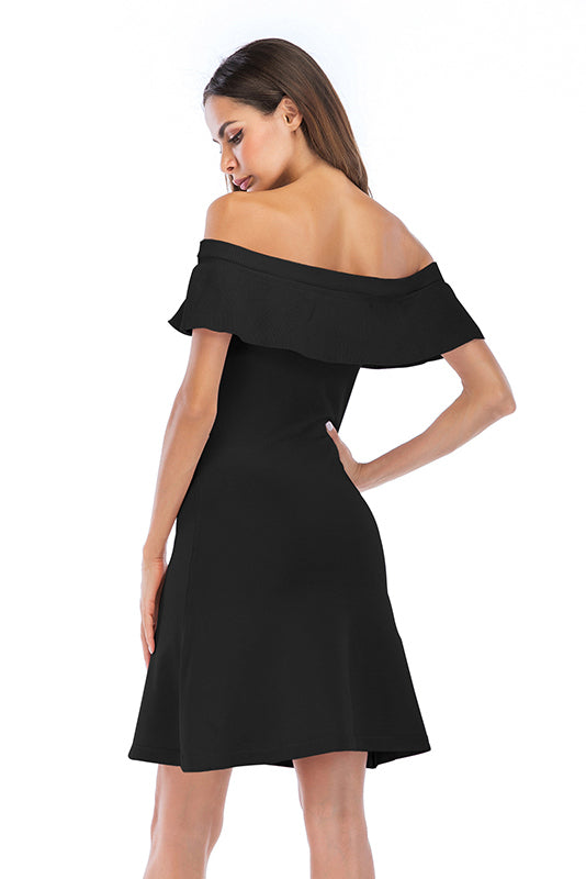 Solid Off-the-shoulder Ruffled Trim Fitted Dress - Mislish
