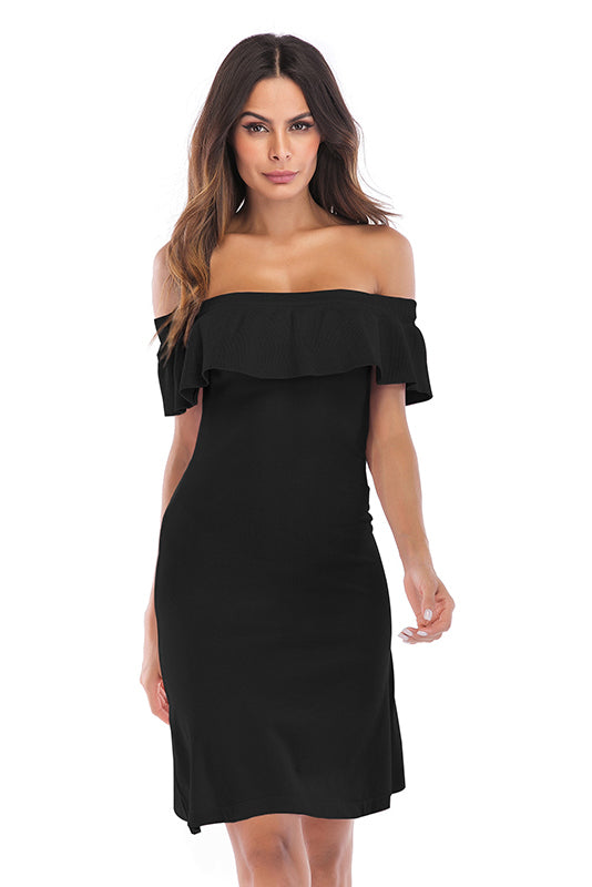 Solid Off-the-shoulder Ruffled Trim Fitted Dress - Mislish