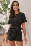 Solid Round Neck Belted Romper - Mislish