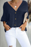 Solid V-neck Button-up Cotton Shirt - Mislish