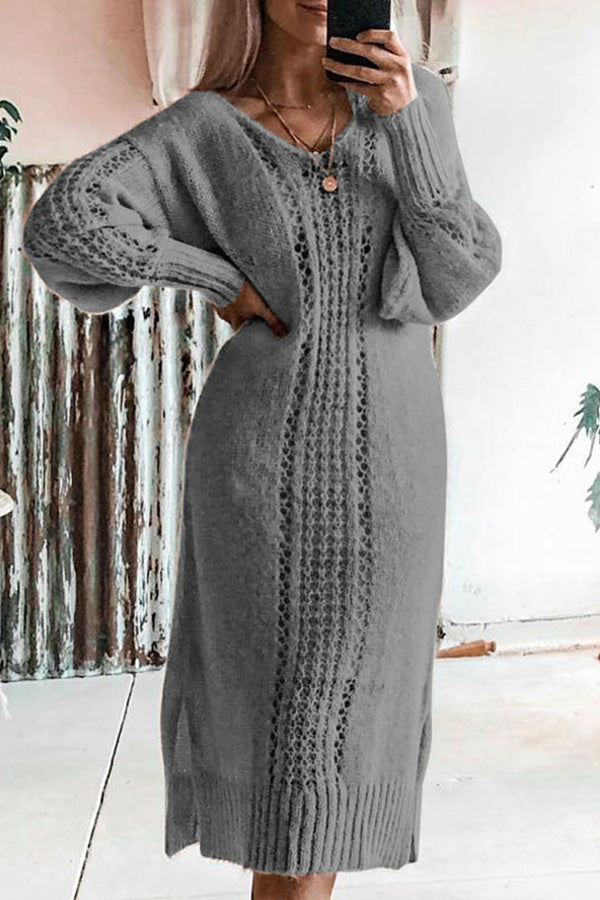 Solid Color V-neck Slit Sweater Dress - Mislish