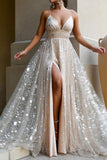 Sparkly V-neck Sequin Slit Prom Dress - Mislish