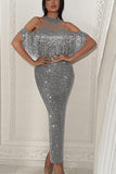 Sparkly Sequin Off-the-shoulder Tasseled Dress - Mislish