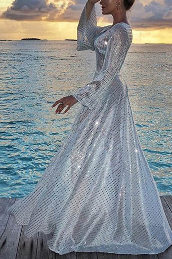 Sparkly Silver V-neck Prom Dress - Mislish