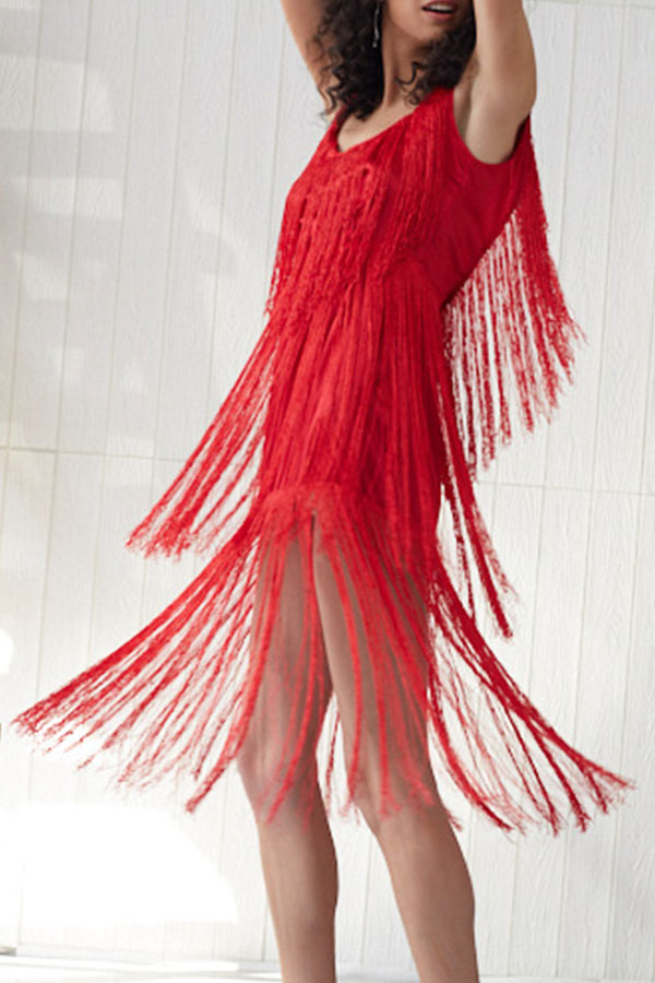 Red Square Backless Tassel Dress - Mislish