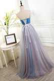 Blue Strapless A-Line Tulle Prom Gown Evening Dresses