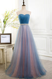 Blue Strapless A-Line Tulle Prom Gown Evening Dresses