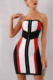 Striped Color-block Strapless Zip Front Bandage Dress - Mislish