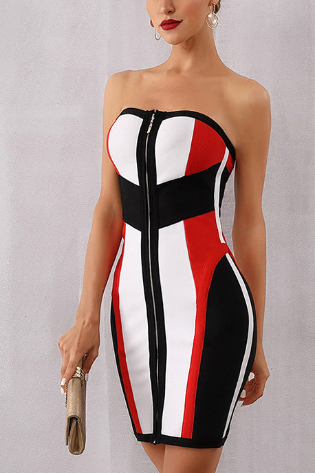 Striped Color-block Strapless Zip Front Bandage Dress - Mislish