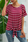 Striped Knot Hem Scoop T-shirt - Mislish