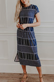 Striped Side Slit Cinched Midi Dress - Mislish