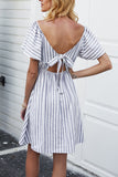 Striped V-neck Tie Back Short Dress - Mislish