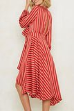 Striped V-neck Knot Front Midi Dress - Mislish