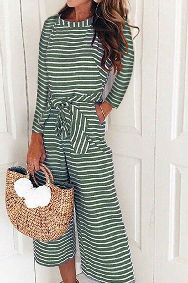 Striped Round Neck Lace-up Jumpsuit