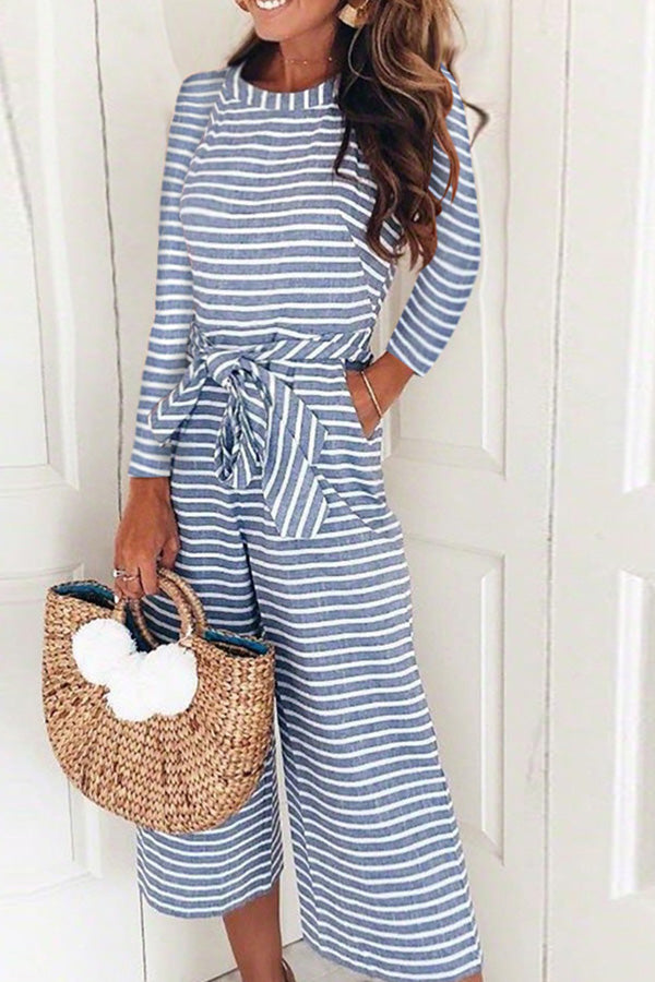 Striped Round Neck Lace-up Jumpsuit