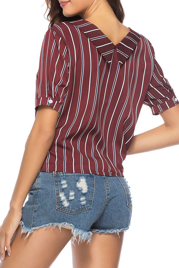 V-Neck Striped String Buttons Shirt - Mislish