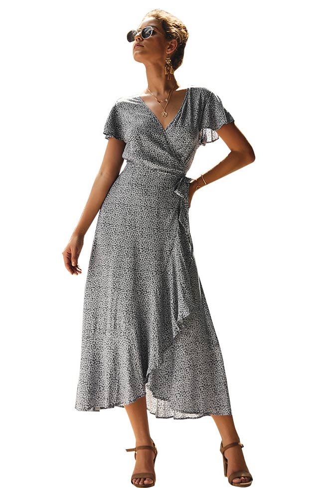 Summer Print Short Sleeve V-Neck Wrap Dress
