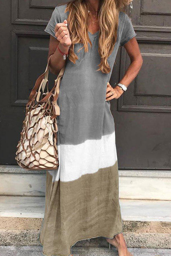 Tri-colored V-neck Maxi Dress With Short Sleeves – Mislish