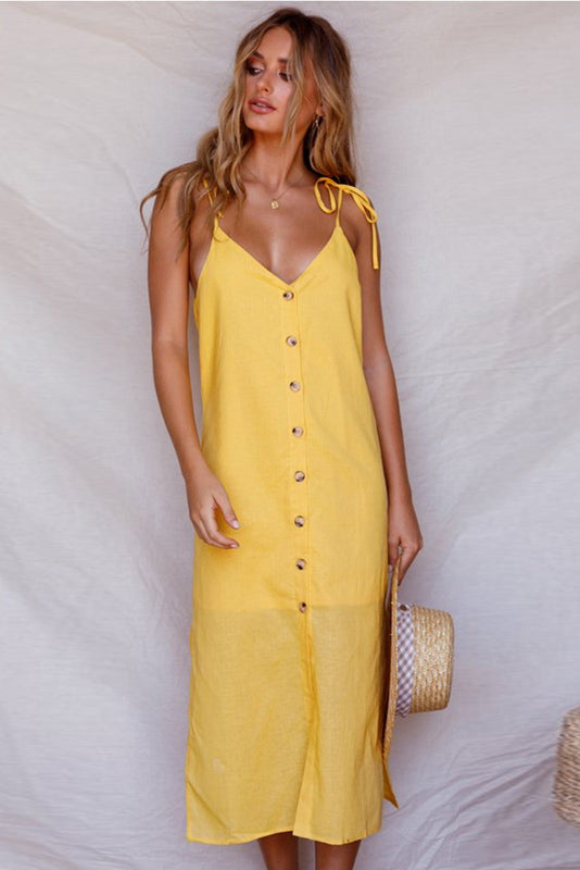 V Neck Sleeveless Single Breasted Lace-up Slit Dress – Mislish