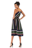 V Neck Striped Color-block Backless Chiffon Dress - Mislish