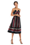 V Neck Striped Color-block Backless Chiffon Dress - Mislish