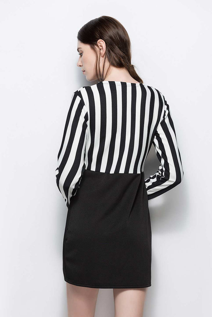 V Neck Striped Long Sleeve Short Dress - Mislish