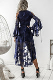 V-Neck Lace Asymmetric Wrap Dress - Mislish