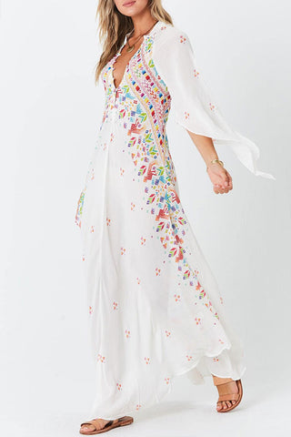 Boho White V-neck Print Dress - Mislish