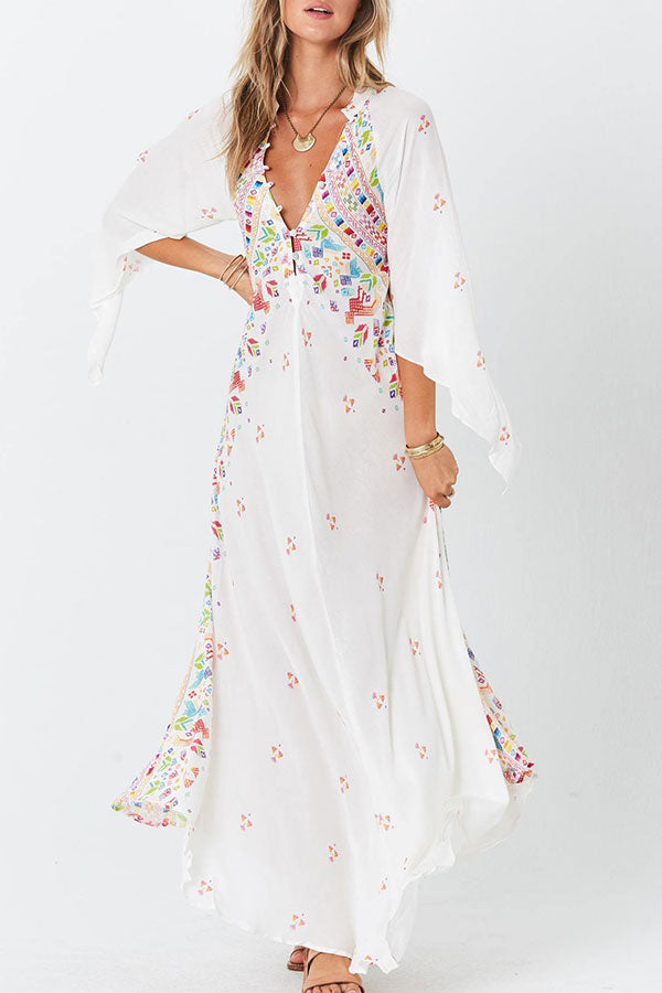 Boho White V-neck Print Dress - Mislish