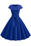 Vintage Hepburn V-neck Bowknot Swing Dress - Mislish