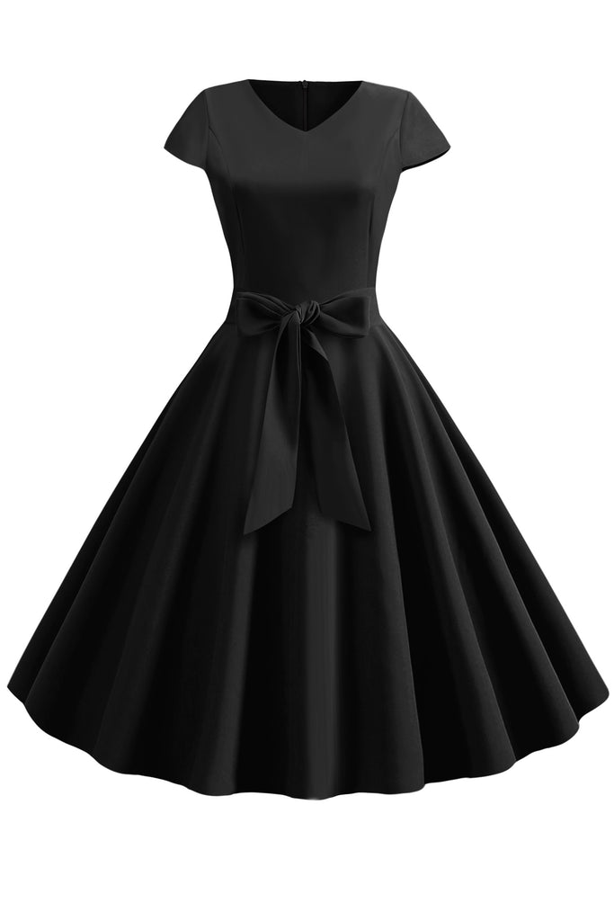 Vintage Hepburn V-neck Bowknot Swing Dress - Mislish