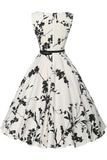 Vintage Round Neck Belt Hepburn Printed Dress - Mislish