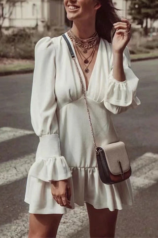 White V-neck Ruffle Short Dress - Mislish