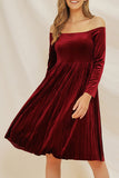 Vintage Off-the-shoulder Velvet Pleated Dress - Mislish