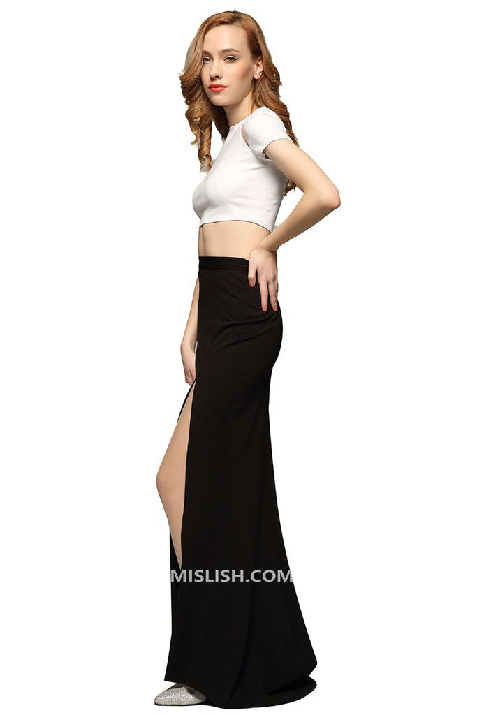 White And Black Thigh-high Slit Two Piece Sets - Mislish