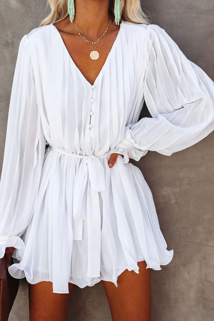 White Buttons Pleated Chiffon Dress – Mislish