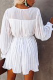 White Buttons Pleated Chiffon Dress