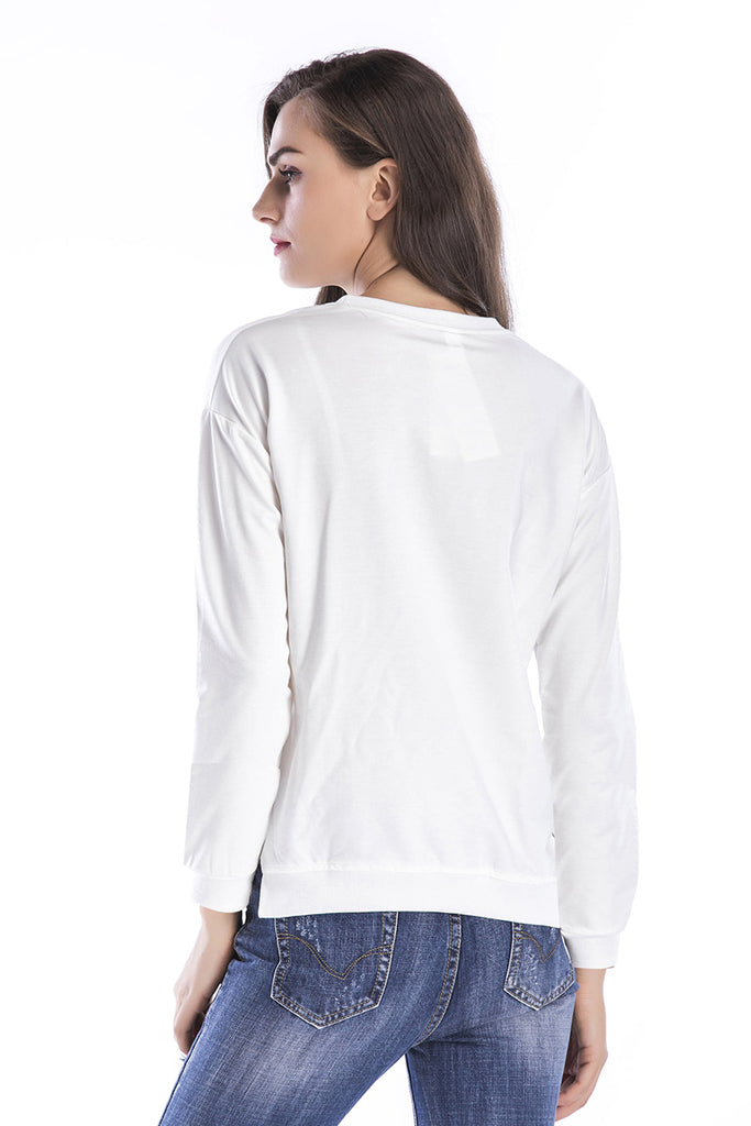 White Deer Print Asymmetrical Hem Sweatshirt - Mislish