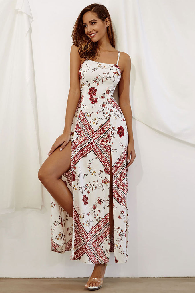 White Floral Print Thigh-high Slit Long Dress - Mislish