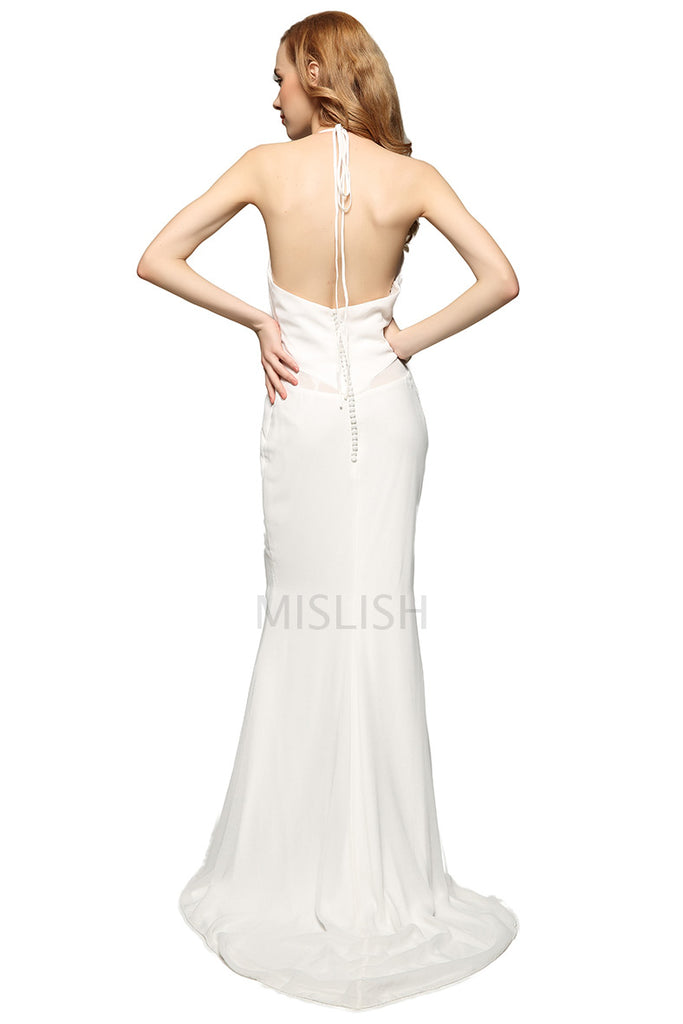 White Halter Sheath Backless Prom Dress