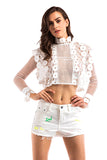 White High Neck Lace Cut Out Top With Long Sleeves - Mislish