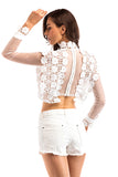 White High Neck Lace Cut Out Top With Long Sleeves - Mislish